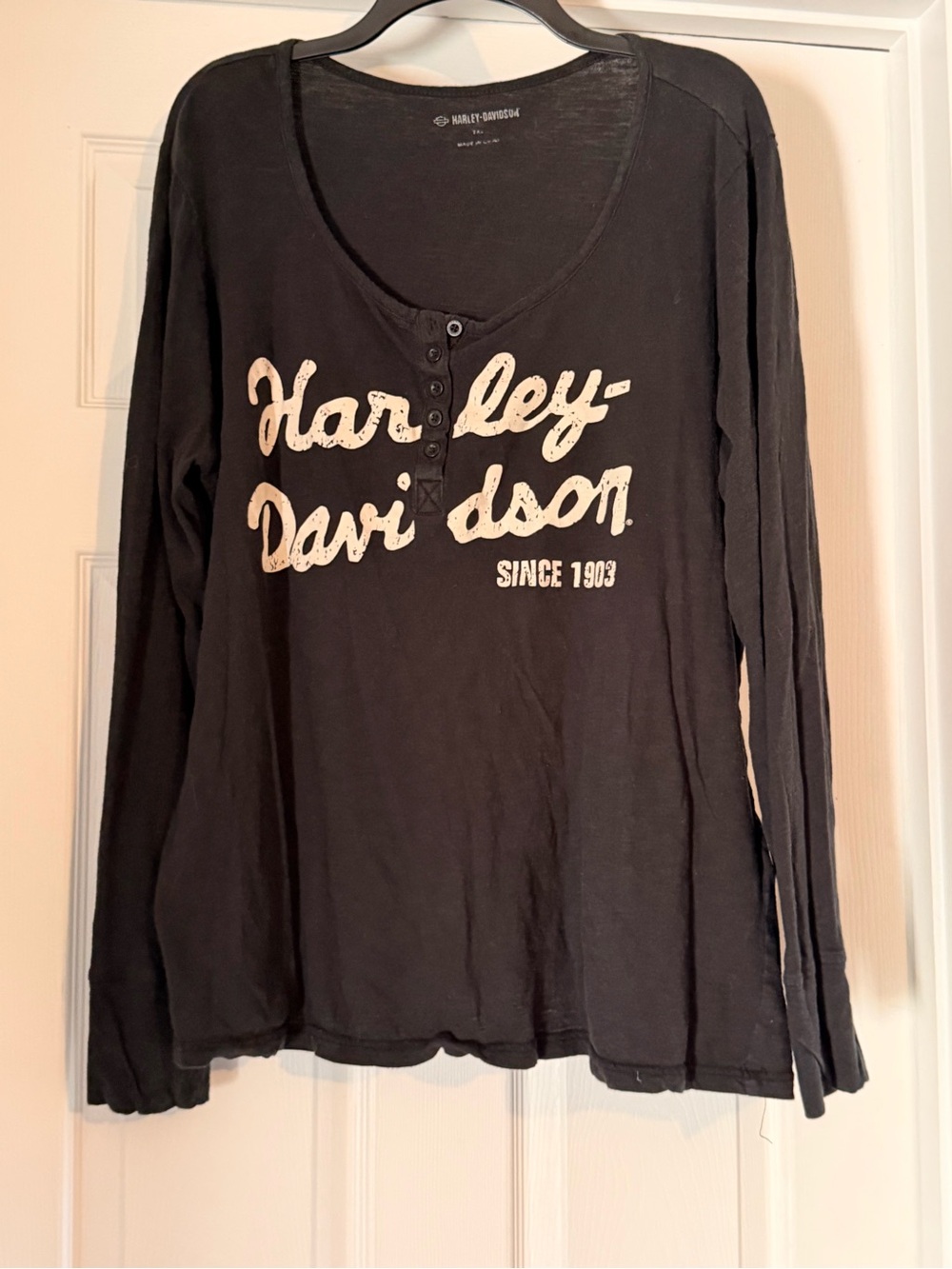 Harley-Davidson Black Long Sleeve Henley with White Script Logo